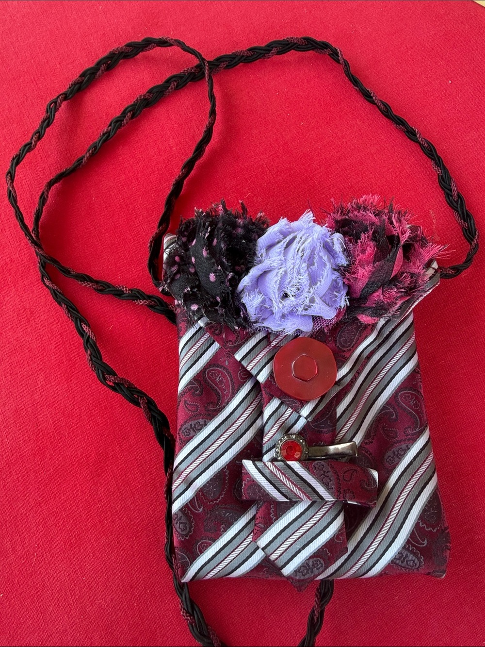 Striped Mini Crossbody Bag with Floral Accents - Purple & Burgundy
